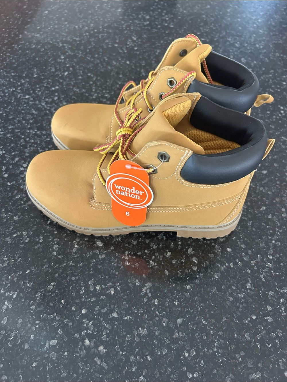 wonder nation Tan and Black Kids Lace-Up Work Boots with Orange Tag
